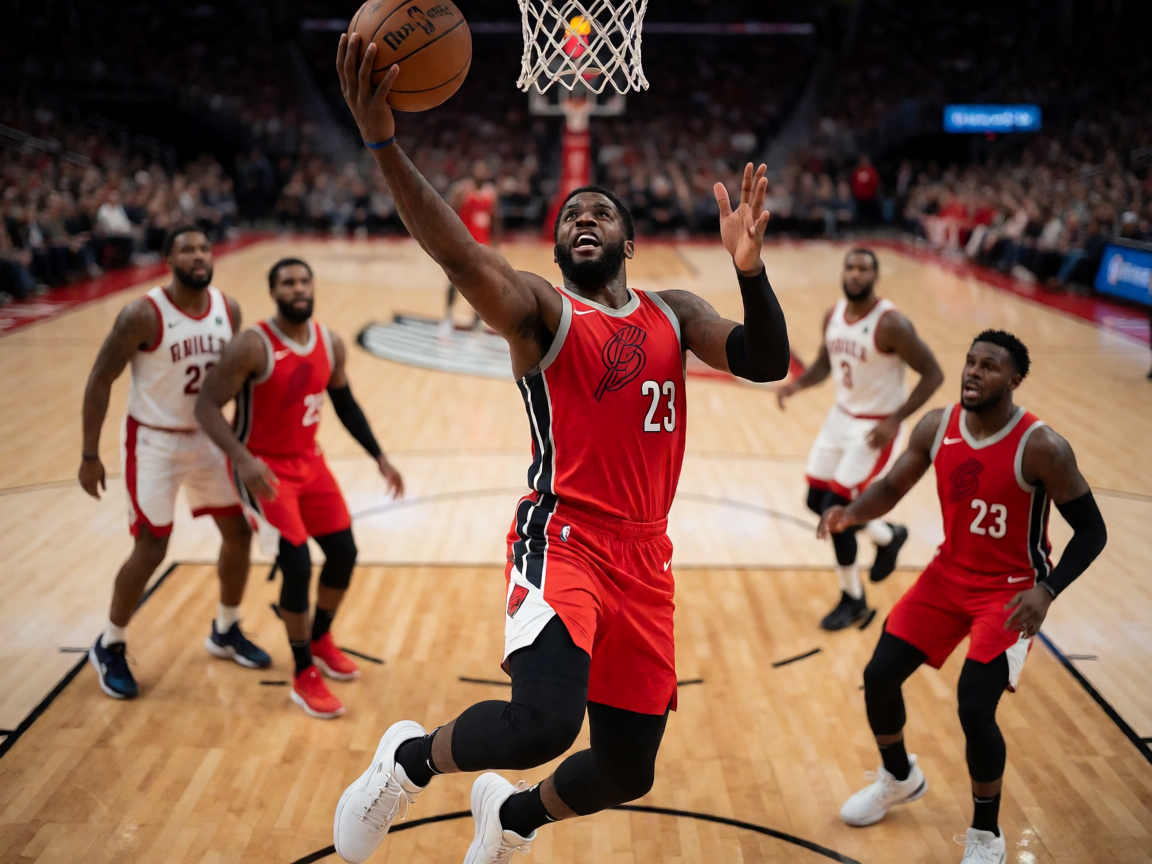 NBA篮球比赛现场，球员突破上篮精彩瞬间