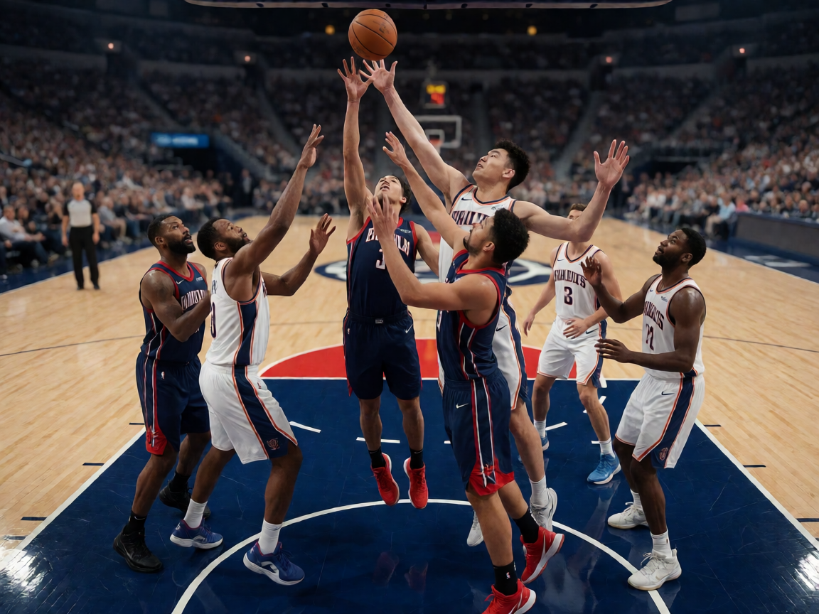 NBA季后赛现场，球员在篮下争抢篮板球